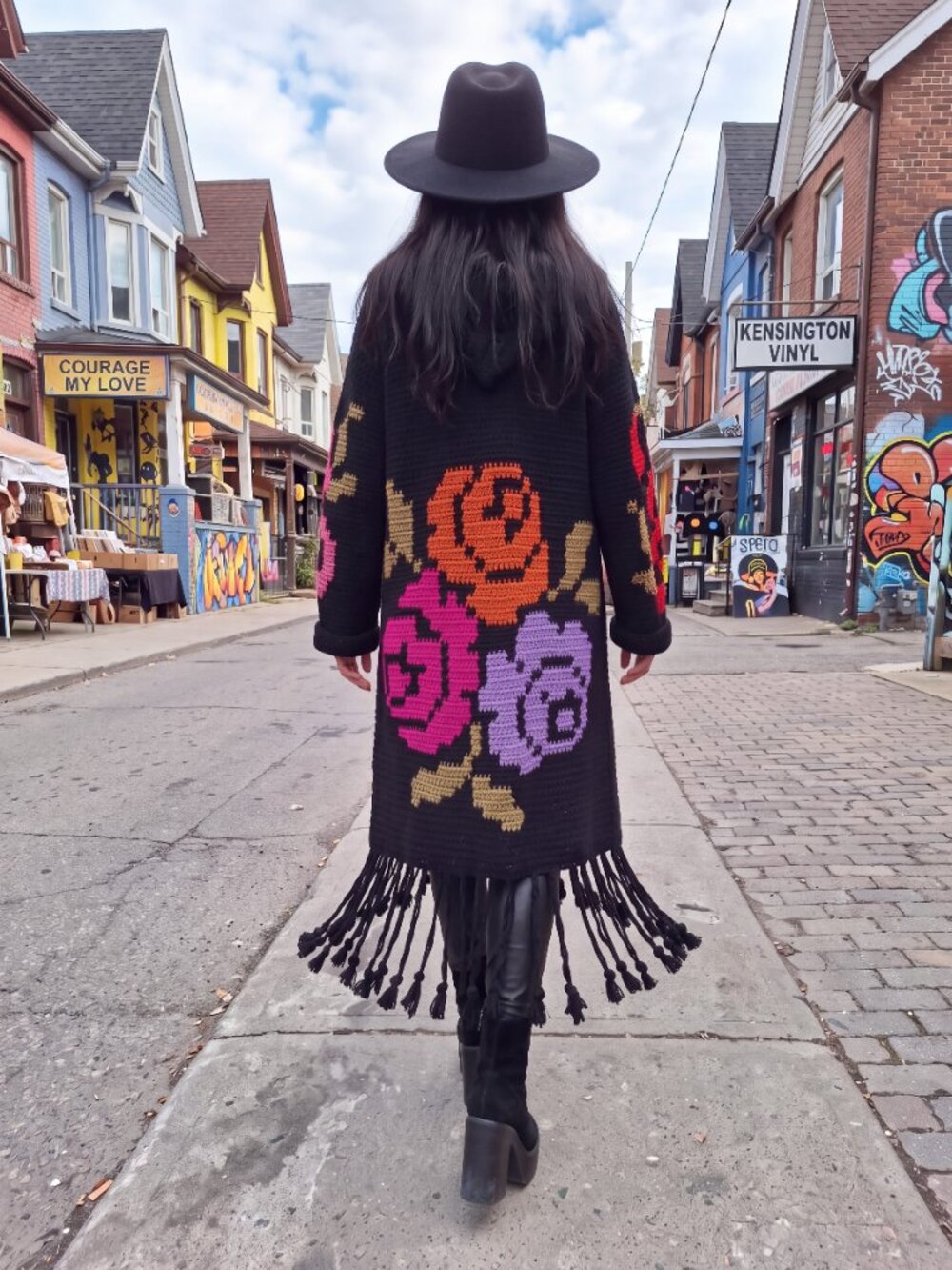 BoHo Black long Vibrant Colorful Roses Hooded Floral Fringe L/XL